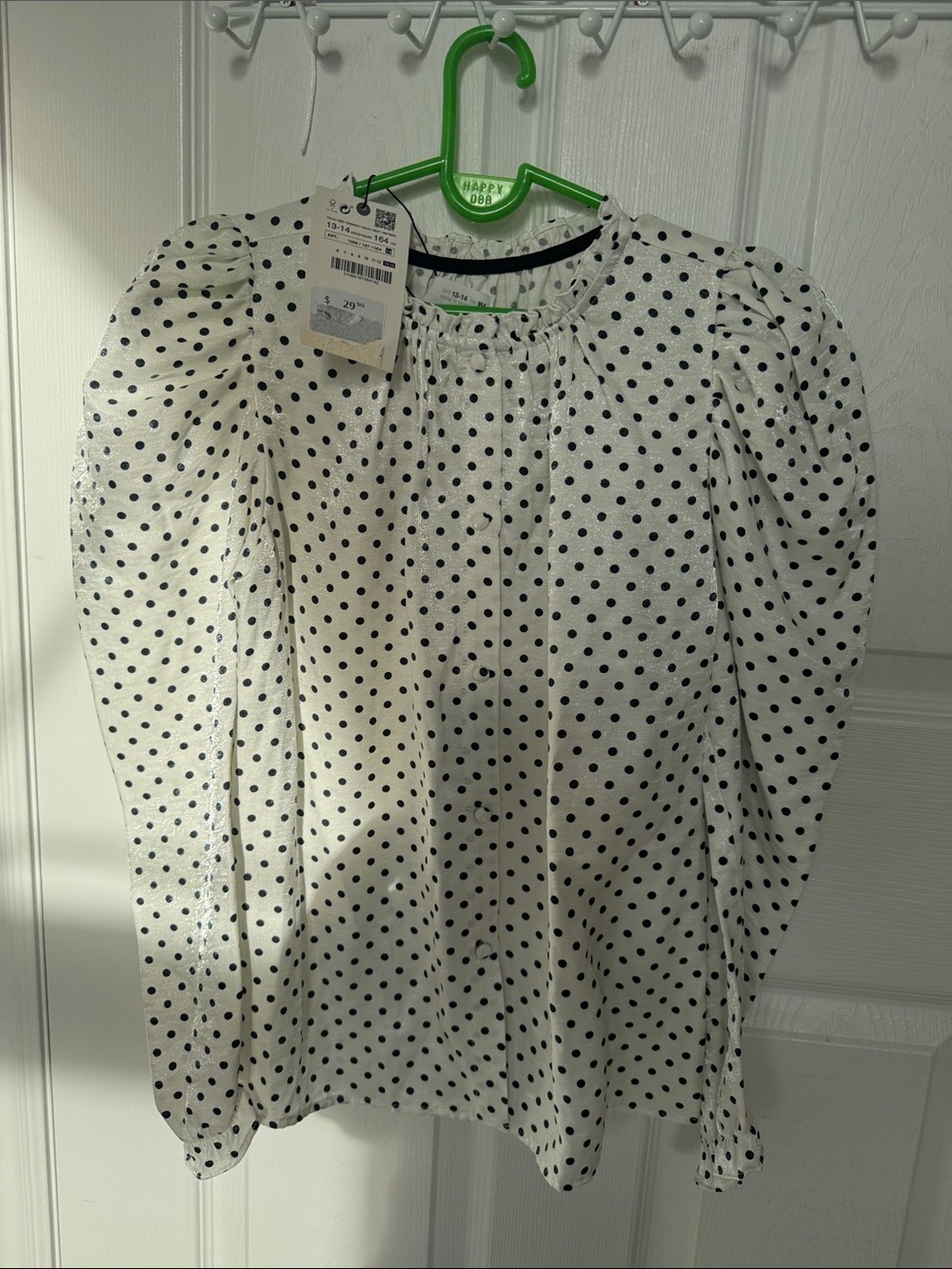 Zara White Blouse with Black Polka Dots and Puff Sleeves